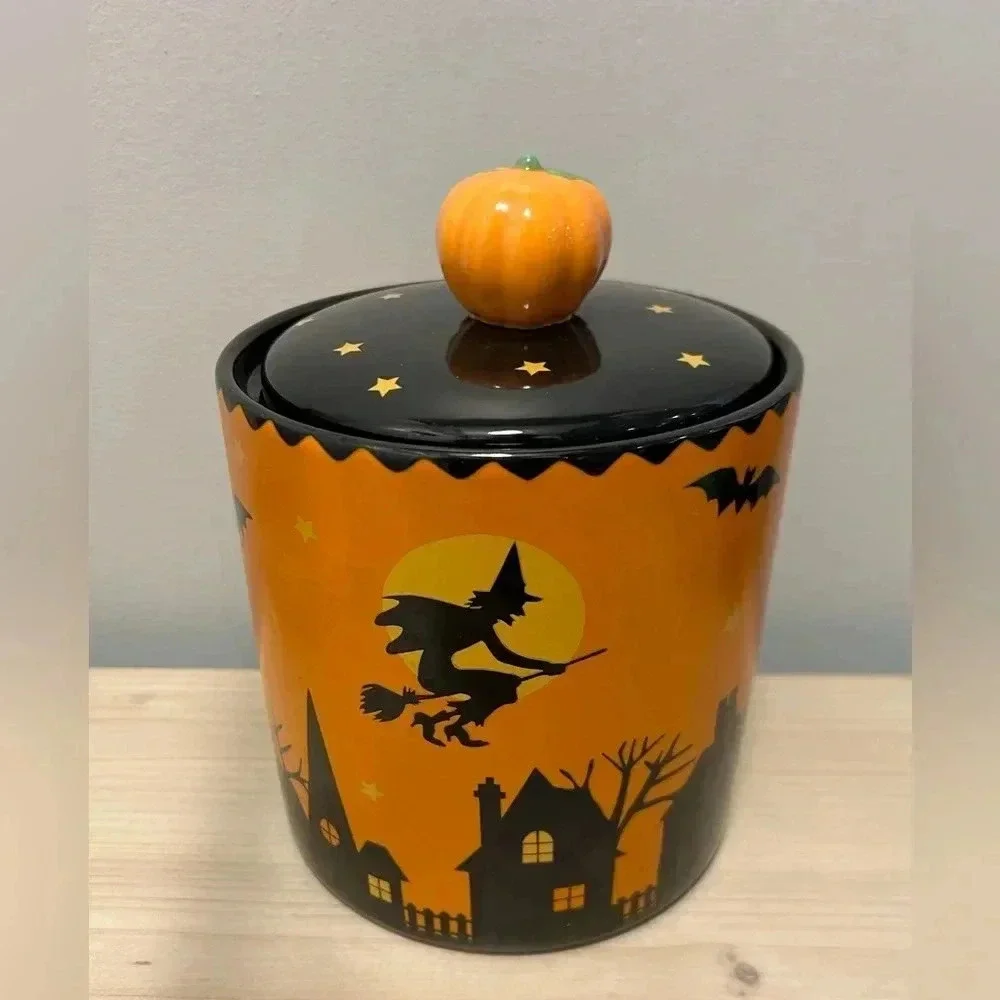 Halloween Canister Spooky Town Witch, Moon, Stars, Bats, Owl, Black Cat, Pumpkin